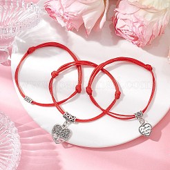 3個 3スタイル調節可能な韓国製ワックスポリエステルコードブレスレット 女性用  チベットスタイルの合金のペンダントとビーズ  ハート  レッド  内径：2-1/8~2-3/4インチ（5.5~7.1cm）  1個/スタイル&nbsp;BJEW-JB11163
