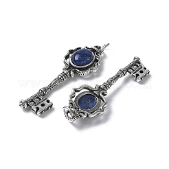 キー真鍮天然ソーダライト大きなペンダント  丸カン付き  アンティークシルバー  55.5x16.5x5~6.5mm  穴：4.5mm&nbsp;KK-D361-01AS-25