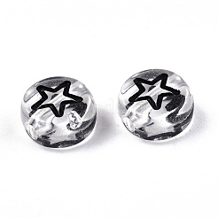 透明なアクリルビーズ  フラットラウンド  月とハートの花と星  ブラック  7x4mm  穴：1.5mm&nbsp;X-TACR-N010-002B