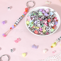 DIYキーホルダー作成キット  ワックス加工コットンコードを含む  アクリル＆手作りポリマー粘土ビーズ  合金引き輪  ミックスカラー  25x2.5mm&nbsp;DIY-SC0030-31