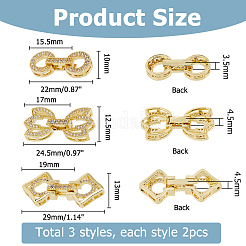 6Pcs 3 Styles Rack Plating Brass Micro Pave Clear Cubic Zirconia Fold Over Clasps&nbsp;KK-HS0001-02G