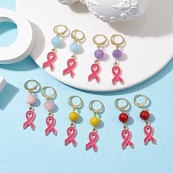 10月の乳がんピンクリボン合金エナメルフレンチフックピアス  天然混合宝石ラウンドビーズロングドロップイヤリング  45x10mm&nbsp;EJEW-JE05668