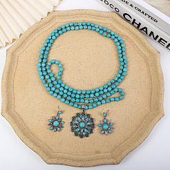 Flower Synthetic Turquoise with Alloy Pendant Necklaces & Stud Dangle Earrings Sets&nbsp;WG550B3-01