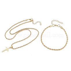 女性用合金クロスペンダントネックレス＆チェーンブレスレットセット  ゴールドカラー  ブレスレット：9.25インチ（23.5cm）&nbsp;SJEW-A002-01G