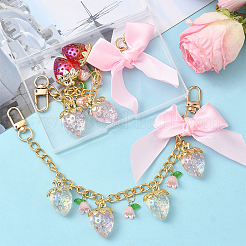2Pcs 2 Colors Aluminium Chains & Acrylic Link Bowknot Strawberry Bag Decorative Chains&nbsp;HJEW-SC0002-61
