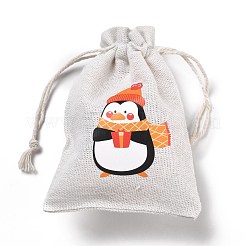 クリスマスコットンクロス収納ポーチ  長方形巾着袋  キャンディーギフトバッグ用  ペンギン柄  13.8x10x0.1cm&nbsp;ABAG-M004-02H