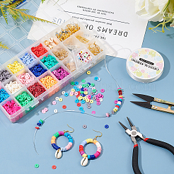 DIYジュエリーセット作り  合金ペンダント付き  真鍮のピアスフックとフープピアスのパーツ  カウリーシェル/ポリマークレイ/アクリルビーズ  鋼のはさみ  伸縮性のある糸  鉄のチェーンエクステンダーと丸カン  ミックスカラー  218x110x30mm&nbsp;DIY-PH0027-24