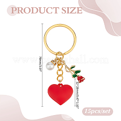 15Pcs Plastic Heart & ABS Plastic Pearl Bead & Alloy Enamel Rose Keychains&nbsp;KEYC-ME00018