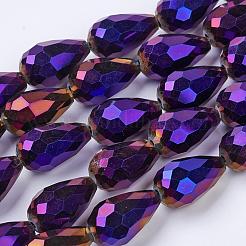 電気メッキガラスビーズセット  多面カット  ティアドロップ  パープルメッキ  15x10mm  穴：1mm  約50個/連  27.1インチ&nbsp;EGLA-D017-15x10mm-6