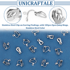 304ステンレススチール製クリップオンイヤリング金具60個  100個のオープン丸カン付き  ステンレス鋼色  12x6x11mm  穴：1.2mm&nbsp;STAS-UN0051-67