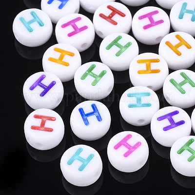 初期のアクリルビーズ  水平穴  フラットラウンド  ミックスカラー  文字.h  7x3.5~4mm  穴：1.2mm  約3700個/500g&nbsp;OACR-E001-20H-1
