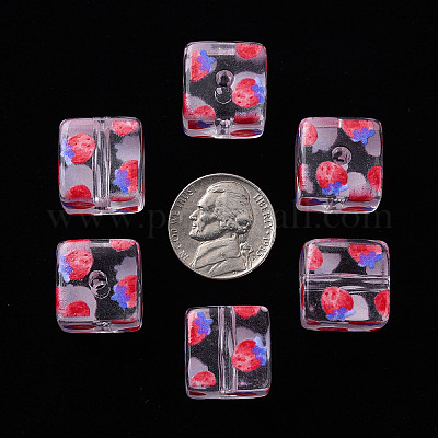 透明印刷アクリルビーズ  フルーツ模様の四角  イチゴの模様  16x16x16mm  穴：3mm&nbsp;MACR-S374-08A-03-1