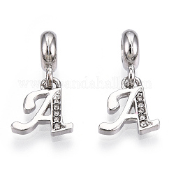 Platinum Rack Plating Alloy Rhinestone European Dangle Charms, Large Hole Pendants, Letter, Cadmium Free & Lead Free, Letter.A, 23~27mm, Hole: 4.5mm, Pendants: 13~16.5x6~14x2mm, hole: 2mm