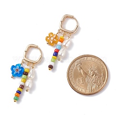 ナチュラルパール＆ガラスビーズダングルフープピアス  フラワーミルフィオリガラスビーズドロップピアス女性用  ゴールドカラー  カラフル  40mm  ピン：0.9mm&nbsp;EJEW-TA00036