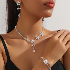 Flower Brass Micro Pave Clear Cubic Zirconia Pendant Necklaces & Stud Dangle Earrings & Bracelets Sets for Women&nbsp;FS-WG6E2D2-01