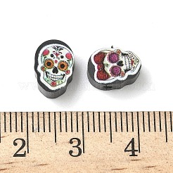ハロウィーンプリントの手作りポリマー粘土ビーズ  スカル  10x7x5mm  穴：1.6mm&nbsp;CLAY-I016-05B