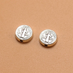 チベット風合金ビーズ  聖人と十字架のあるフラットラウンド  アンティークシルバー  9.5x3mm&nbsp;LS-EAER-PW0001-153AS