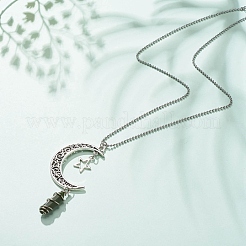 Natural Chinese Southern Jade Bullet with Alloy Moon and Star Pendant Necklace&nbsp;NJEW-JN03912-06