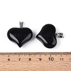 天然石オブシディアンペンダント  鉄製のスナップオンベイル付きハートチャーム  プラチナ  21.5~22x25~25.5x10.5~11mm  穴：7.5x3.5mm&nbsp;G-N361-01P-01