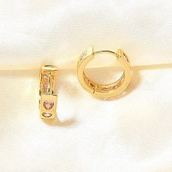 ピンクキュービックジルコニアハートフープピアス  女性のためのラックメッキ真鍮ジュエリー  鉛フリー＆カドミウムフリー  18KGP本金メッキ  15x5x16mm  ピン：1mm&nbsp;EJEW-H093-13G