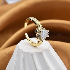 ラックメッキ真鍮マイクロパヴェクリアキュービックジルコニアカフ指輪女性用  カドミウムフリー＆鉛フリー  長持ちメッキ  18KGP本金メッキ  ハート  透明  10x10mm&nbsp;RJEW-M028-49G-01