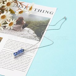 天然混合チップジェムストーンペンダントネックレス付きアロイ＆ガラスウィッシュボトル  304ステンレススチールアズキチェーン付き  コラム  17.72インチ（45cm）&nbsp;NJEW-JN03623