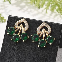 女性用フラワー真鍮マイクロパヴェクリアキュービックジルコニアスタッドピアス  カドミウムフリー＆鉛フリー  長持ちメッキ  ラックめっき  左右  ゴールドカラー  グリーン  16.5x15.5mm&nbsp;EJEW-G428-18G-01