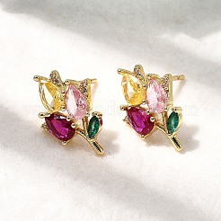 Brass Micro Pave Cubic Zirconia Flower Stud Earrings&nbsp;EJEW-P322-12G