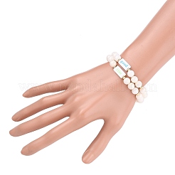 (ジュエリーパーティー工場販売)ストレッチブレスレット  アクリルビーズと金メッキ真鍮ビーズ付き  ラバー加工  単語のある円形と長方形  乳白色  内径：1-3/4インチ（4.6cm）&nbsp;BJEW-JB05681-02