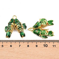 真鍮七宝ペンダント  丸カン付き金魚チャーム  ゴールドカラー  グリーン  27~28.5x23~25x7.5~9mm  穴：6mm&nbsp;KK-P251-A01-G-06