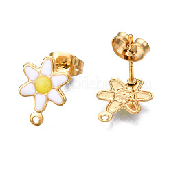 304ステンレススチールエナメルスタッドピアス金具  ピアスキャッチとカン付き  花  ホワイト  12.5x9mm  穴：1mm  ピン：0.8mm&nbsp;STAS-T052-43G-07