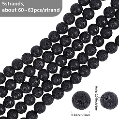 5連売り天然溶岩ラウンドビーズ連売り  ラウンド  ブラック  6mm  穴：1mm  約64個/連  15.15インチ（38.5cm）&nbsp;G-LT0001-02C-02