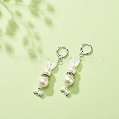 シェル パール ラビット ロング ダングル レバーバック イヤリング  女性のための真鍮のアクセサリー  プラチナ  60mm  ピン：1x0.8mm&nbsp;EJEW-TA00131