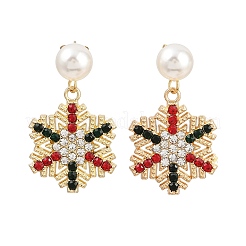 スノーフレークABSプラスチックパール＆ラインストーンスタッドピアス  クリスマス合金ダングルピアス  ゴールドカラー  34x19mm&nbsp;EJEW-JE06629