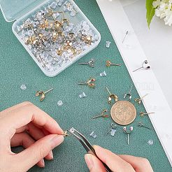 304ステンレススチールスタッドピアス金具  プロングイヤリングのセッティング  シリコンイヤーナット付き  ゴールデン·ステンレス鋼色  14.5~18x5.5~10.5mm  内径：5~10mm  ピン：0.7mm  80個/箱  イヤーナット：100個&nbsp;STAS-UN0021-88