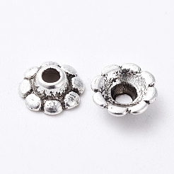 チベット風合金ビーズキャップ  鉛フリー＆ニッケルフリー＆カドミウムフリー  花  アンティークシルバー  8x3mm  穴：2mm&nbsp;LF0900Y-NF