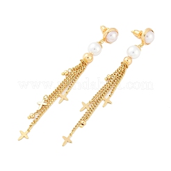 Brass ABS Plastic Pearl Tassel Stud Earrings&nbsp;EJEW-U040-15G