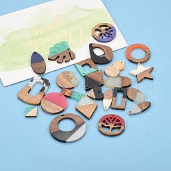 樹脂＆ウォールナットウッドペンダント  混合図形  ミックスカラー  13~49x7.5~49x2.5~4mm  穴：1.5~2mm&nbsp;RESI-MSMC006-04