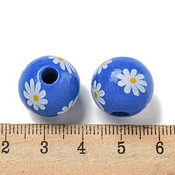 プリントウッドヨーロピアンビーズ  デイジー模様の丸い  藤紫色  15.5~16mm  穴：4~4.5mm&nbsp;WOOD-G022-19F