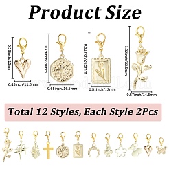 24 個 12 スタイル合金ペンダント装飾  合金製カニカン付き  ゴールドカラー  混合図形  23~46mm  ペンダント：18~29mm  2個/スタイル&nbsp;HJEW-BM0001-35