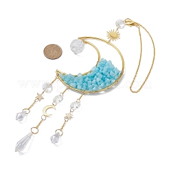 Wire Wrapped Natural White Jade Chip & Brass Moon Pendant Decorations&nbsp;HJEW-JM01504-03