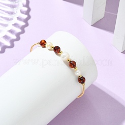 Copper French Wire & Round Natural Amber & Cultured Freshwater Pearl Cuff Bangle for Women&nbsp;BJEW-JB13990