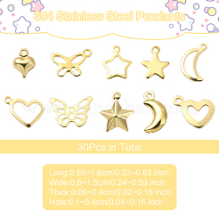 30個10スタイル304ステンレススチールペンダントセット  混合図形  ゴールドカラー  8.5~16x6~15x0.6~4mm  穴：1~4mm  3個/スタイル&nbsp;STAS-YW0002-65