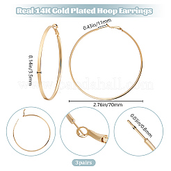 女性用真鍮フープピアス3組  リング  14KGP本金メッキ  70x3.5mm&nbsp;EJEW-BBC0001-66G-05