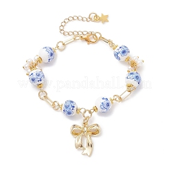 合金チャーム付きブレスレット  ハンドメイドの花柄プリント磁器セラミックビーズリンクチェーンブレスレット（女性用）  蝶結び  模造真珠ビーズ  ゴールドカラー  7-5/8インチ（19.5cm）&nbsp;BJEW-JB12911