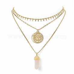 3Pcs 3 Style Natural Rose Quartz Bullet & Alloy Sun Pendant Necklaces Set with Brass Curb Chains for Women&nbsp;NJEW-JN04170