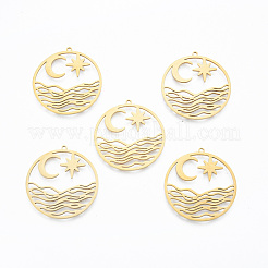 ステンレスペンダント201個  スター＆ムーンとフラットラウンド  18KGP本金メッキ  33x31x1mm  穴：1.4mm&nbsp;STAS-N090-LA913-2