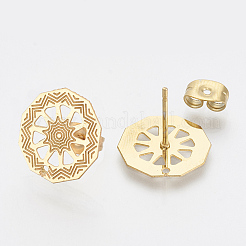 304ステンレススチールスタッドピアス金具  カン付き  フラットラウンド  ゴールドカラー  13x13mm  穴：1mm  ピン：0.7mm&nbsp;STAS-S079-37A