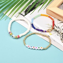 7 チャクラ染め天然マレーシアジェイドラウンドビーズストレッチブレスレットセット女の子女性用  クロス＆ナザールボンジュウビーズブレスレット付きフラットラウンド  ポリマークレイとアクリルビーズのブレスレット  ミックスカラー  内径：2-1/8インチ（5.5cm）  3個/セット&nbsp;BJEW-JB07003