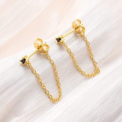 本物の 18K ゴールドメッキ 925 スターリングシルバー チェーン フロント バック スタッド イヤリング  長方形キュービックジルコニア付き  ブラック  48x4mm&nbsp;PA4661-1
